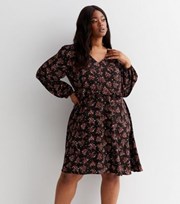 New Look Curves Black Floral Long Puff Sleeve Button Front Mini Dress
